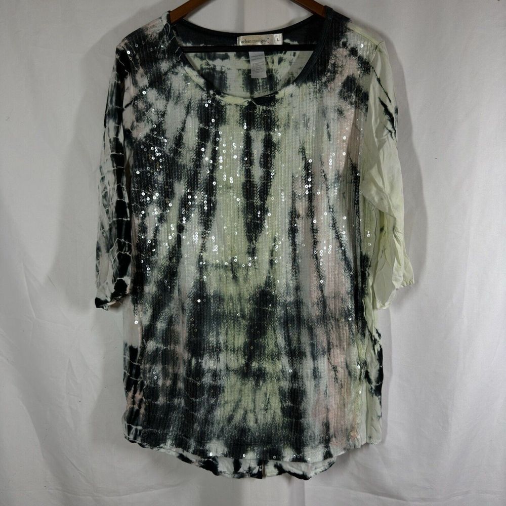 Urban Mangoz Tunic Top L Tie Dye Sequins 3/4 Button Detail Sleeve Hi Lo